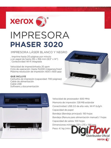 Impresora Laser Wifi Xerox Phaser 3020 Red Usb Monocromatica