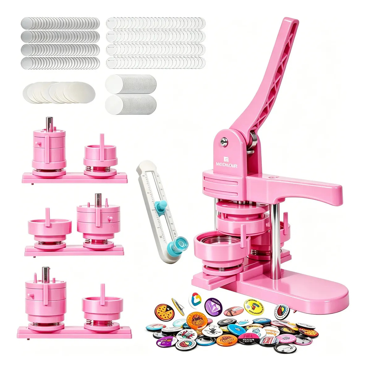 Máquina para Hacer Botones Mecolour con 3 Moldes y 150 Chapas Rosa