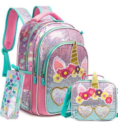 Mochila Y Lonchera De Unicornio Para Niñas De Primaria, Rosa