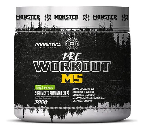 Pre-Workout Pre Workout Monster M5, 300 g, probiótico con sabor a manzana verde