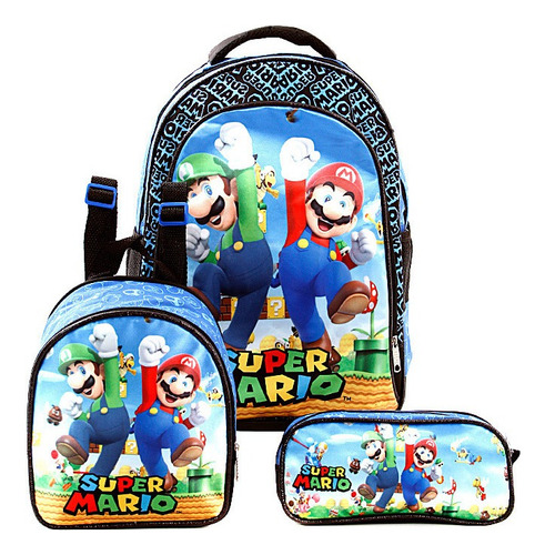 Kit Mochila Escolar Infantil Mario E Luigi Lancheira+estojo Cor Azul Desenho Do Tecido Super Mario
