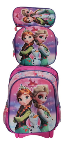 Mochila, Lonchera Y Lapicera Frozen Primaria Con Llantas, Ruedas O Carrito Rosa