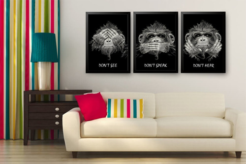 Quadro Decorar 3 Macacos Sábios Boca Ouvidos Olhos Fechados