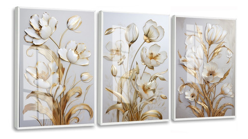 Quadros Decorativos Flores Brancas Dourada Com Moldura Vidro