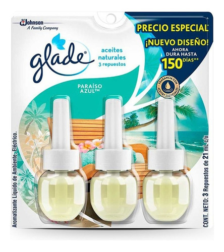 Glade Plug Ins Aceites Natural 3pk 21ml Paraiso Azul