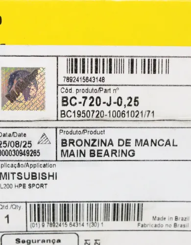 Jogo Bronzina Central 025 L200 Hpe 2003-2020 Mahle Bc720j