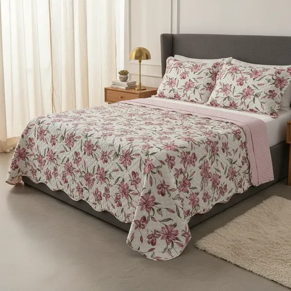Kit Cobre Leito Colcha Queen Bouti Dupla Face Estampado 3pçs