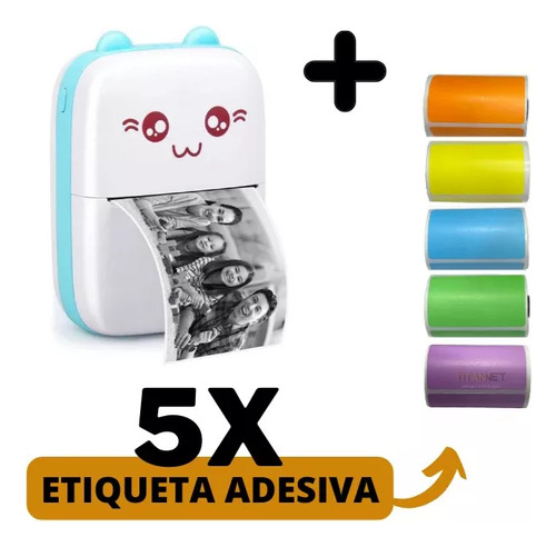 Impressora Gatinho + 5 Rolos Etiqueta Adesiva Colorida