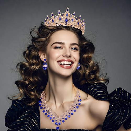 Tocado Novia Tiara Corona Mujer Xv Años Collar Y Aretes 3pcs