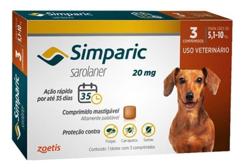 Promoção Simparic 20mg 5 A 10kg C/3 Comprimidos Original 