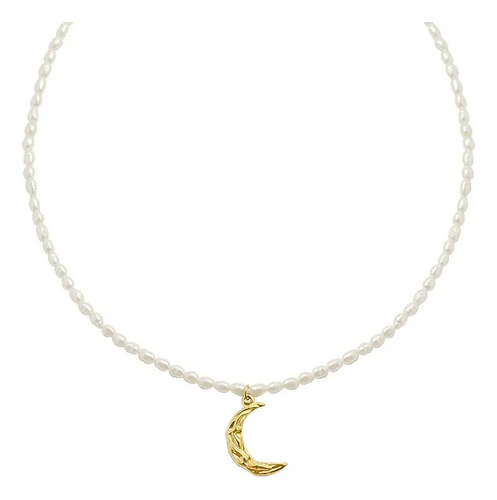 Collar De Perla Con Pendiente De Luna 18k Oro