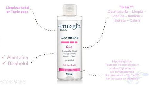 Imagen 3 de 8 de Agua Micelar Dermaglos 6 En 1 X 200 Ml