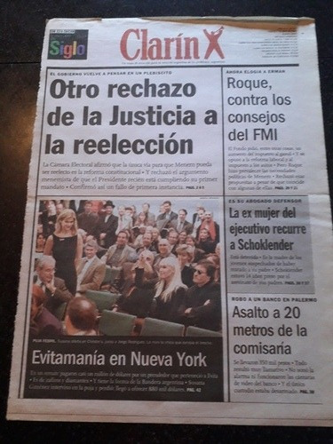 Tapa Diario Clarín 7 4 1998 Evita Susana Giménez Reelección 