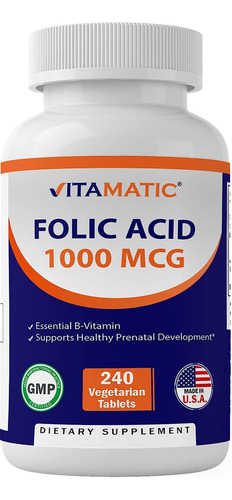 Acido Folico Vitamatic 240 Tabletas 1000 Mcg Sabor Sin Sabor