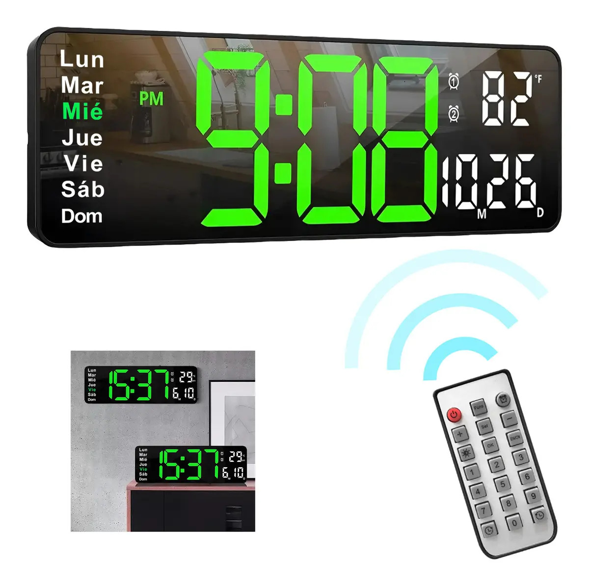 Reloi de pared digital tnakiex Negro verde ConTermómetro,Alarmas Y Calendario con mando