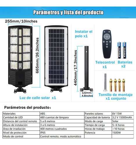 Lampara Led Solar Exterior para Alumbrado Publico con Control Remoto ATOZELE 480 Foco Leds 1500W 15000mAh