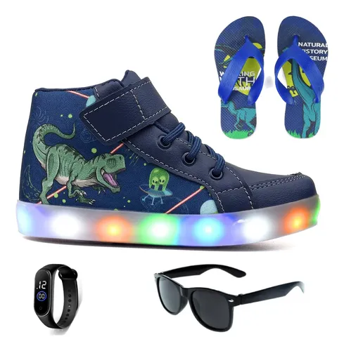 Light Tenis Infantil De Led Dinossauro + Chinelo Oculos Relogio
