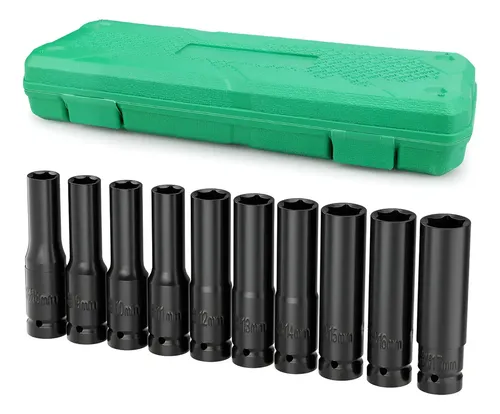 JOGO SOQUETE LONGO SEXTAVADO IMPACTO 1/2 8-24MM 10PEÇAS PRETO
