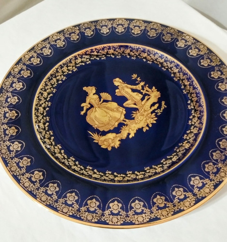 Antiguo Plato Decorativo Limoges Azul Cobalto Y Oro , 26 Cm 