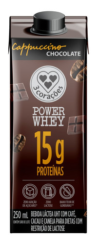 Bebida Láctea Uht Cappuccino Chocolate Zero Lactose 3 Corações Power Whey Caixa 250ml