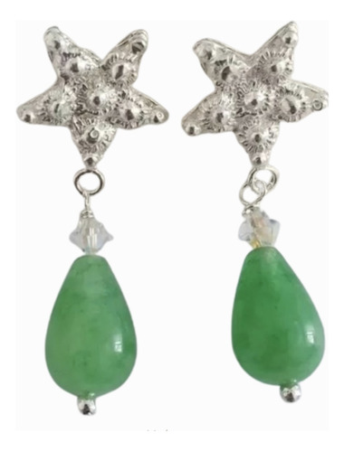 Aros Gotita Jade Verde Natural Cristal En Estrella Plata 925