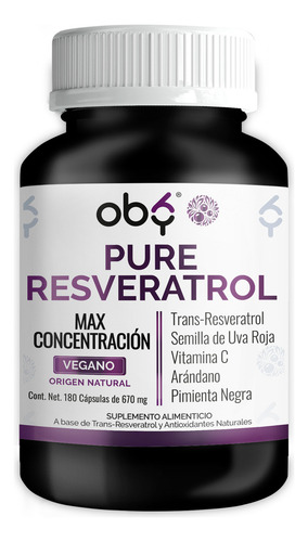 Resveratrol 100% Puro Y Vegano | Alto Contenido Polifenoles | Potenciado Pimienta Negra, Semilla Uva, Vitaminas Y Arándano | Suplemento Alimenticio | Trans Resveratrol Oby Antioxidante 180 Capsulas