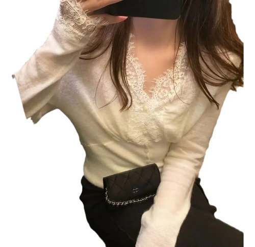 Cárdigan Con Cuello En V Y Ribetes De Encaje Para Mujer