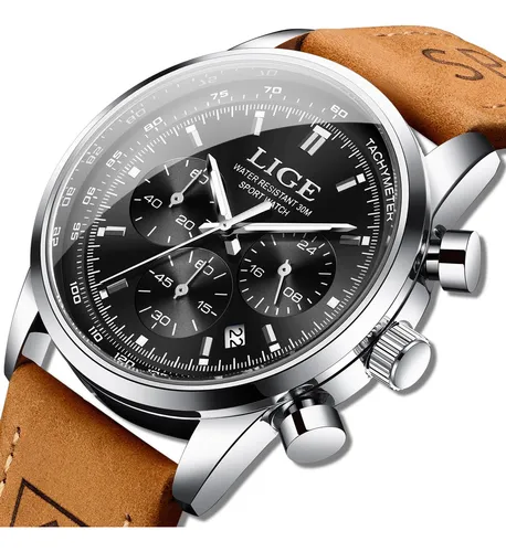 Lige Reloj Hombre Multifunción Cuero Reloj Cuarzo Cronógrafo Correa Marrón Bisel Plateado Fondo Negro