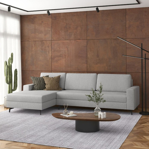 Sofá 244cm Linho Cinza Loft Com Chaise Esquerda