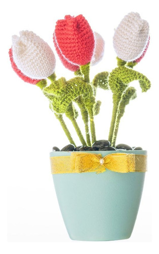 Ramo Arreglo Eterno Mini Tulipan Crochet Y Maceta Decorada