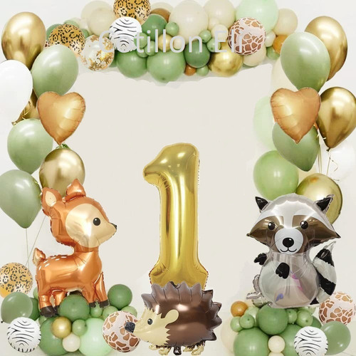  Set Globos 1er Añito Animalitos Bosque 1 Año Verde Oliva