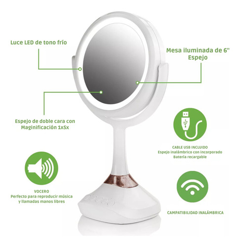Espejo Maquillaje Con Luz Led Tipo Aro Bluetooth Bocina Aumento 10x 1x Portátil Doble Cara Iluminación 360 Grados Recargable Celular Música Touch USB Profesional cosmeticos belleza 1 pieza comerliv