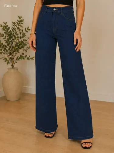 Calça Jeans Wide Leg Reta Cintura Alta Feminina Azul 40