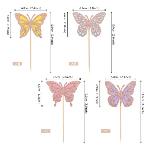 Cake Topper De Mariposa 3d Doble Capa Con Glitter 24 Pzas