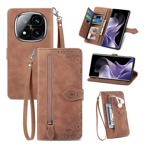 Funda De Piel Emboss Flowers Con Cremallera Para Redmi Note