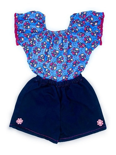 Conjunto Niña Short Y Blusa - Vestido Niña Azul Flor Y Jean