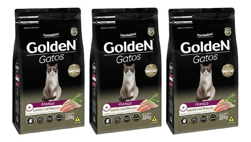 Ração Golden Gatos Adultos Castrados Frango 3kg Kit 3 Unid.