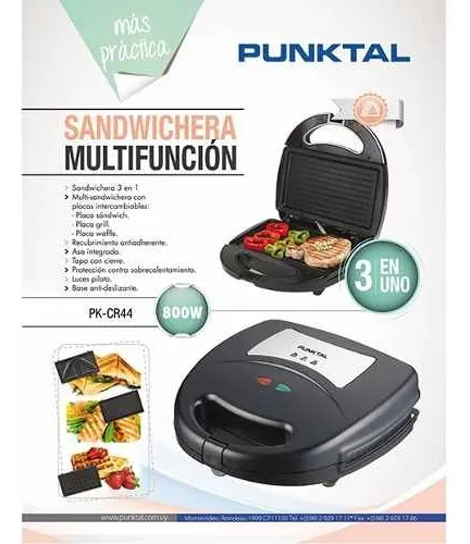 Sandwichera Doble Punktal Pk-cr44 3en1 800w Color Negro
