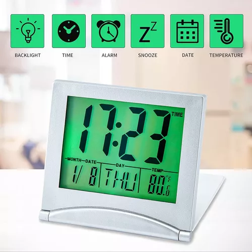 Reloj despertador digital pequeño de viaje, funciona con pilas, pantalla de  números grandes, portátil, despertador fuerte con temperatura, luz de