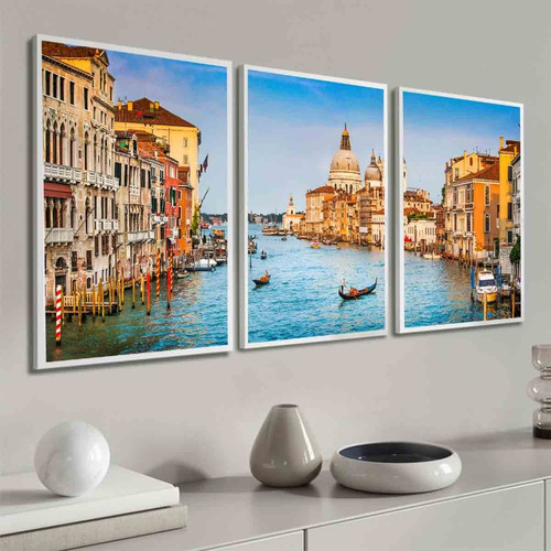 Kit 3 Quadros Decorativos Veneza Itália Paisagem Com Moldura