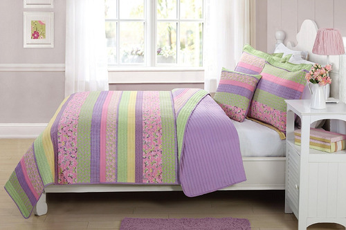 Bedspread Set For Girls/teens Stripes Butterflies Flowers La