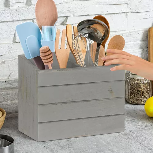 Soporte de utensilios de madera para encimera de cocina, organizador de  utensilios con 2 compartimentos, organizador de utensilios de cocina para