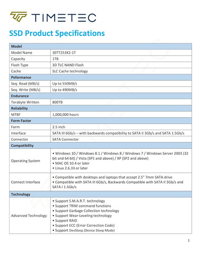 Timetec 1 Tb Ssd 3d Nand Tlc Sata Iii 6 Gb/s 2.5 Pulgadas 7