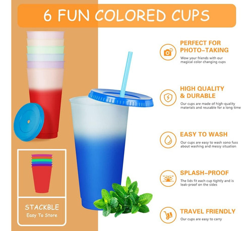 10 Vasos Magicos Color Reutilizable 710ml Copa+tapa Y Popote