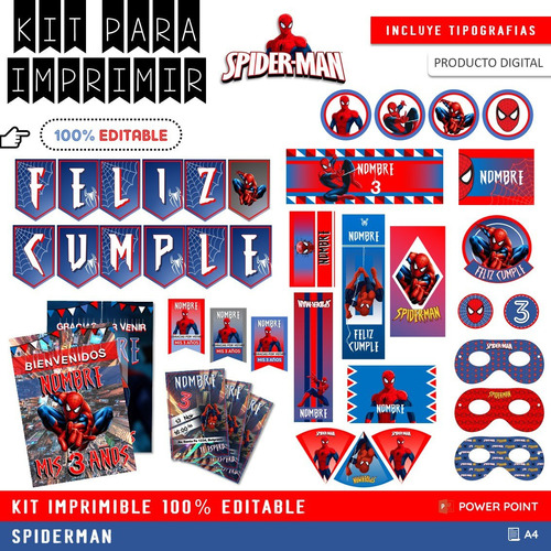 Pack Imprimible Cumpleaños + Candy Editable - Spiderman