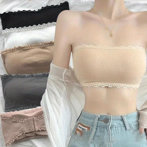 Bralette Sin Tirantes Con Encaje Para Mujer, Top Sin