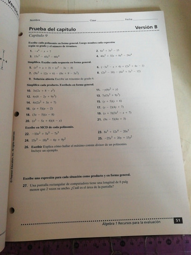 Recursos Para La Evaluación Álgebra 1 Prentice Hall (Usado)