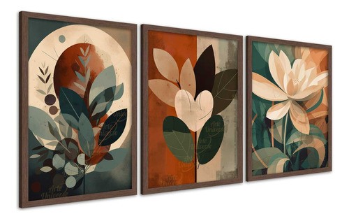 Trio Quadros Decorativos Flores Verde E Bege Com Moldura Cor Da Armação Madeira Escura