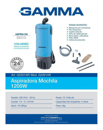 Imagen 4 de 7 de Aspiradora Gamma 1200w Mochila Colgar 4 Lts Con Accesorios