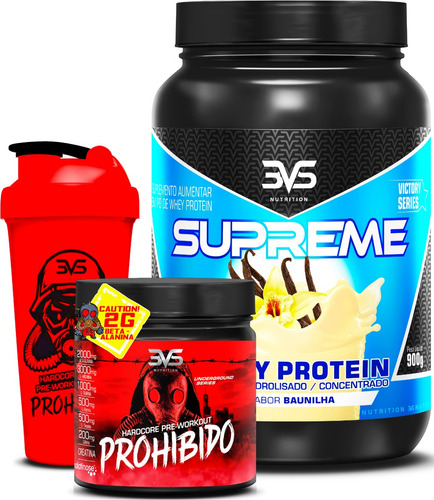 Whey Protein 3w Supreme 900g Sabor Baunilha + Pré Treino Prohibido 360g + Coqueteleira 3VS Nutrition